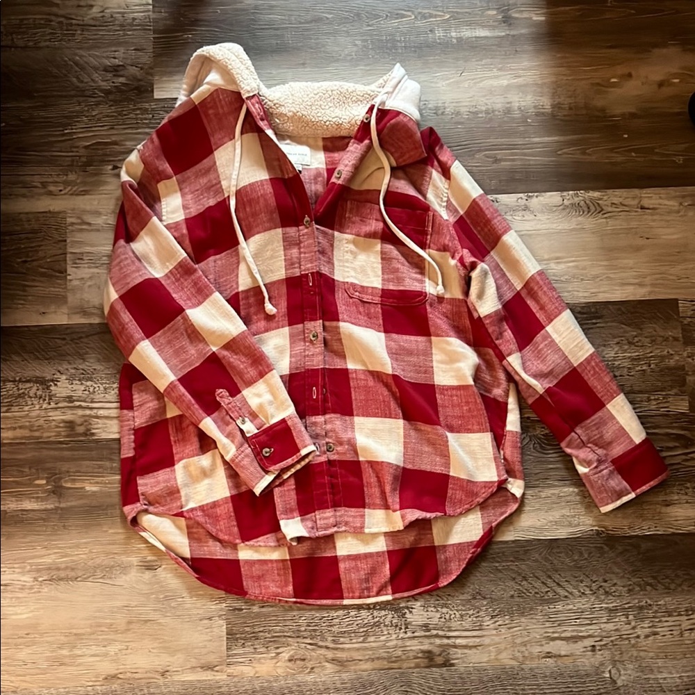 Red and White Plaid Hooded Shirt